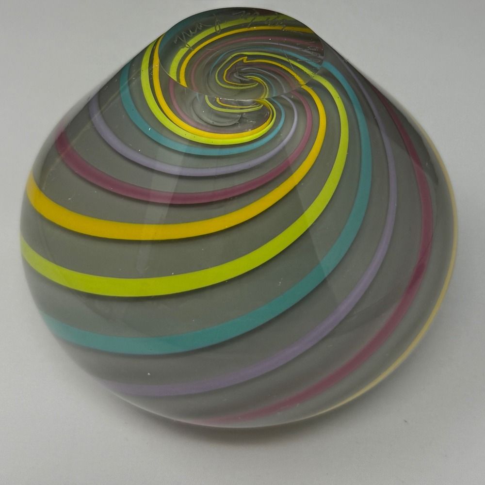 Hand Blown Pastel Gray Swirl Stripe Glass Vase Signed Fred Miller 90s 3.5" Art